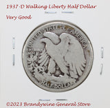 A 1937-D Walking Liberty Half Dollar in very good condition reverse side
