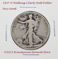 A 1937-D Walking Liberty Half Dollar in very good condition