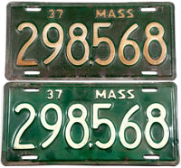 An antique pair of 1937 Massachusetts car license plates in very good condition