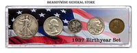A 1937 Birth Year coin set which includes the silver Walking Liberty Half Dollar, Washington Quarter, Mercury Dime, Buffalo Nickel and Wheat Penny for sale by Brandywine General Store