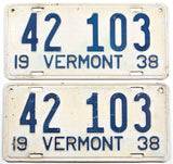 A pair of antique 1938 Vermont Passenger Car License Plates in very good condition