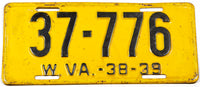 An antique 1938 - 39 West Virginia car license plate in very good condition