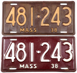 An antique pair of 1938 Massachusetts passenger car license plates for sale by Brandywine General Store in very good condition