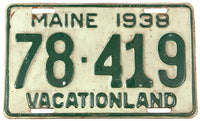 An antique 1938 Maine car license plate in very good condition
