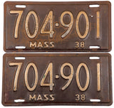 1938 Massachusetts car license plates in very good minus condition with 1 extra hole