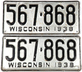 1938 Wisconsin car license plates in very good condition wtih extra holes