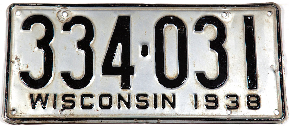 1938 Wisconsin license plate for a passenger automobile grading very good with tack hole