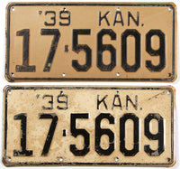 A pair of antique 1939 Kansas car license plates in very good minus condition