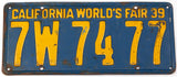 An antique 1939 California passenger car license plate with World's Fair in very good condition