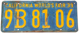 An antique 1939 California passenger car license plate with World's Fair in very good minus condition