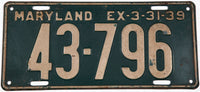 An antique 1939 Maryland Passenger Car License Plate in very good condition