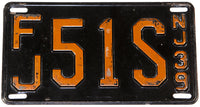 An antique 1939 New Jersey passenger car license plate in very good plus condition