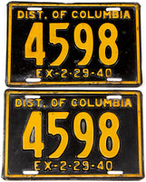 A pair of antique 1940 District of Columbia passenger car license plates in very good plus condition