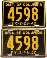 A pair of antique 1940 District of Columbia passenger car license plates for sale by Brandywine General Store in very good plus condition