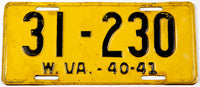 An antique 1940 - 41 West Virginia car license plate in very good plus condition