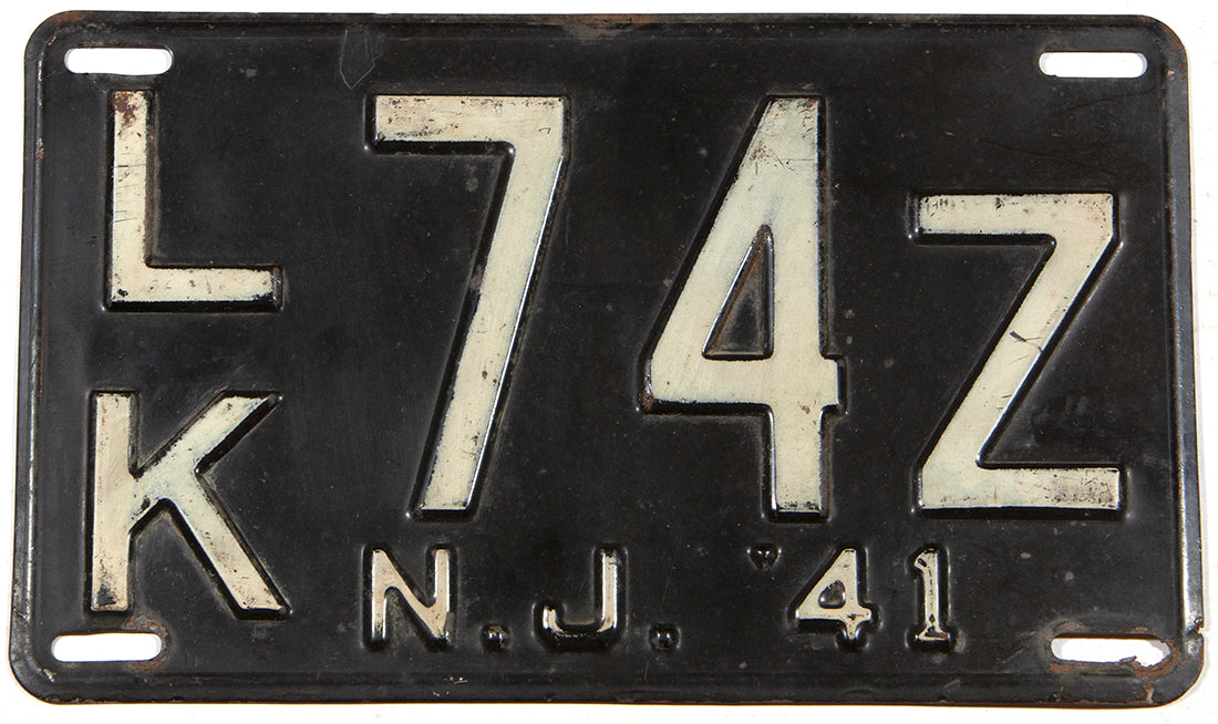 A 1941 World War II era New Jersey car license plate in very good condition