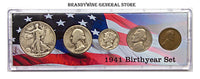 A 1941 Birth Year coin set which includes the silver Walking Liberty Half Dollar, Washington Quarter, Mercury Dime, Jefferson Nickel and Wheat Penny for sale by Brandywine General Store