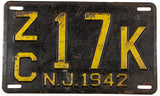 An antique 1942 New Jersey car license plate in good plus condition