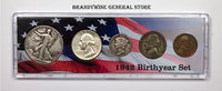 A 1942 Birth Year coin set which includes the silver Walking Liberty Half Dollar, Washington Quarter, Mercury Dime, silver Jefferson Nickel and Wheat Penny for sale by Brandywine General Store