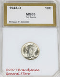 A 1943-D Mercury Dime professionally graded and certified by PCI at Mint State 65 with full bands