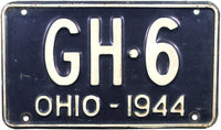 A 1944 Ohio passenger automobile WWII License Plate a shortie tag in very good condition