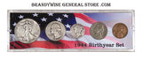 A 1944 Birth Year coin set which includes the Walking Liberty Half Dollar, Washington Quarter, Mercury Dime, silver Jefferson Nickel and Wheat Penny for sale by Brandywine General Store