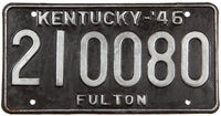 An antique 1946 Kentucky passenger car license plate in very good minus condition from Fulton county