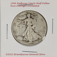 A 1946 Walking Liberty Half Dollar in average circulated condition
