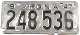 Single 1947 Virginia car license plate in good condition