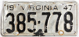 A 1947 Virginia aluminum car license plate in good condition
