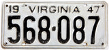 A 1947 Virginia aluminum car license plate in very good condition
