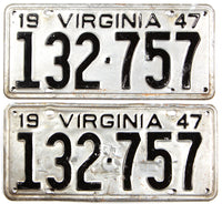 A pair of 1947 Virginia car license plates in very good minus condition