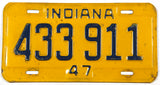 An antique 1947 Indiana car license plate in very good condition