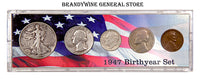 A 1947 Birth Year coin set which includes the silver Walking Liberty Half Dollar, Washington Quarter, Roosevelt Dime, Jefferson Nickel and Wheat Penny for sale by Brandywine General Store