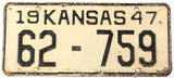 An antique 1947 Kansas passenger car license plate in very good minus condition