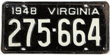 A classic 1948 Virginia car license plate in very good condition