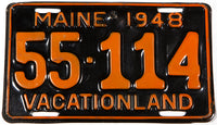 A rare 1948 brass Maine car license plate in excellent minus condition with a small hole