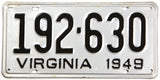 A classic 1949 Virginia car license plate in very good plus condition