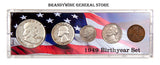 A 1949 Birth Year coin set which includes the silver Franklin Half Dollar, Washington Quarter, Roosevelt Dime, Jefferson Nickel and Wheat Penny for sale by Brandywine General Store