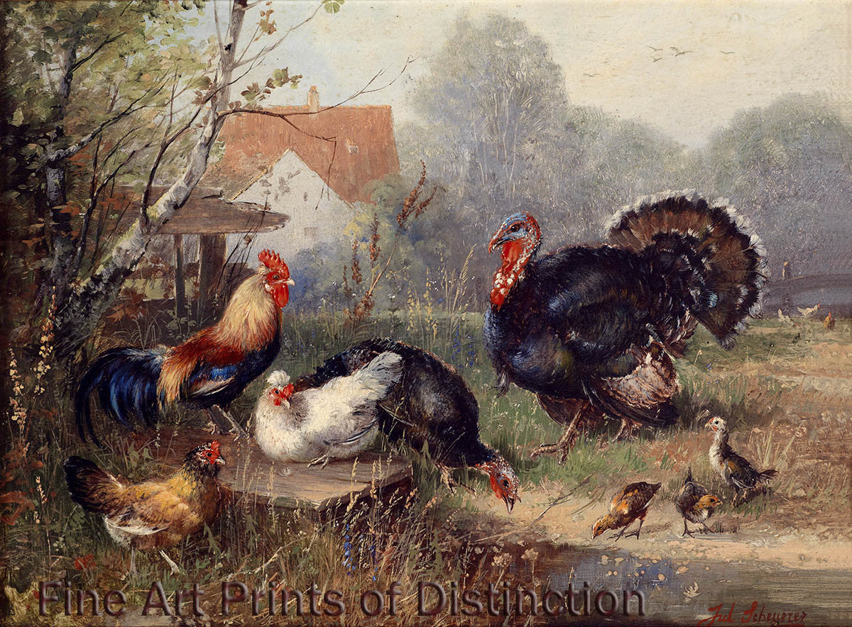 An archival premium Quality art Print of Chicken Flock and a Turkey by Julius Scheuerer for sale by Brandywine General Store