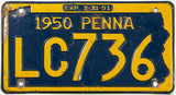 An antique 1950 Pennsylvania car license plate in very good minus condition