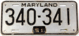 An antique 1951 Maryland passenger car license plate in very good plus condition