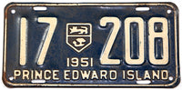 A classic 1951 passenger car license plate from the Canadian province of Prince Edward Island in very good condition