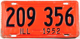 A classic 1952 Illinois car license plate in very good condition