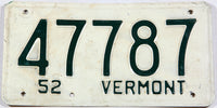 A Classic 1952 Vermont car license plate in very good condition