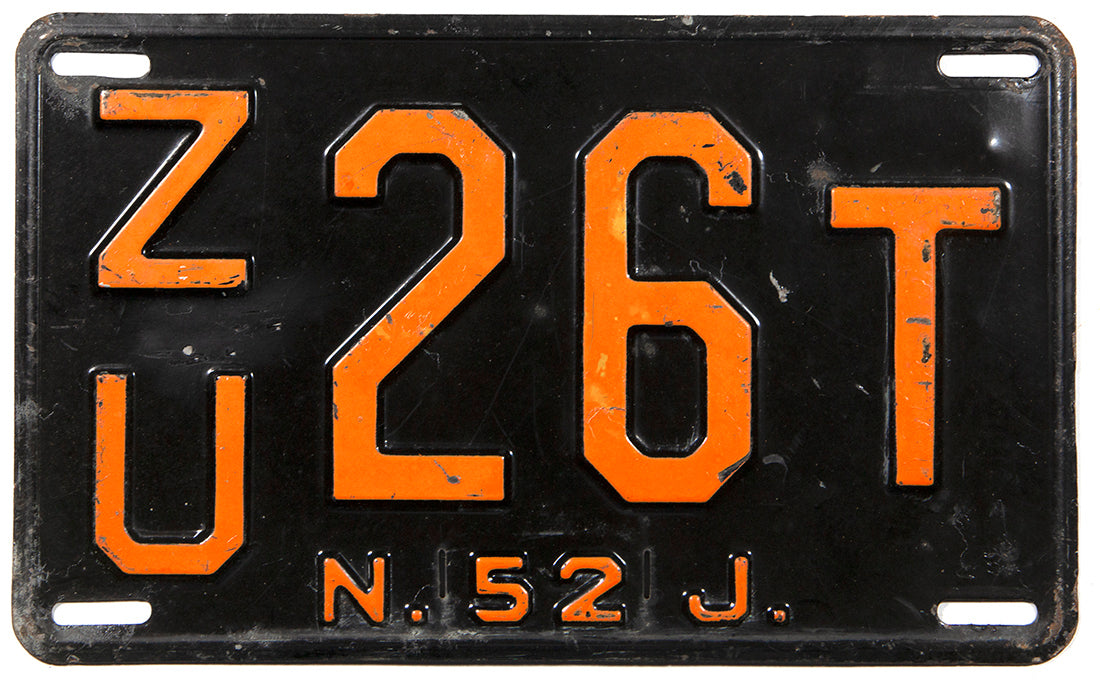 An antique 1952 New Jersey car license plate in very good plus condition