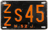 An antique 1952 New Jersey car license plate in very good condition