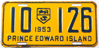 A classic 1953 passenger car license plate from the Canadian province of Prince Edward Island in very good plus condition