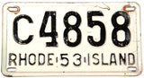 A classic 1953 Rhode Island passenger car license plate in very good condition