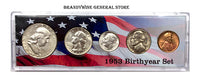 A 1953 Birth Year coin set which includes the silver Franklin Half Dollar, Washington Quarter, Roosevelt Dime, Jefferson Nickel and Lincoln Wheat Penny for sale by Brandywine General Store